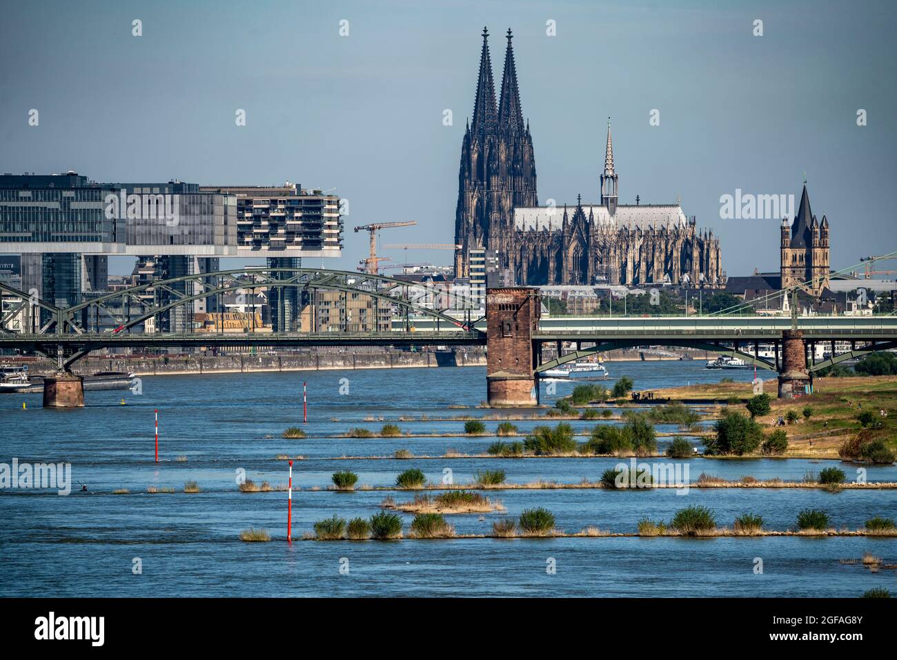 Casas grúa, en el puerto de aduanas, sur de Colonia, edificios residenciales y de oficinas, barcos de carga, Catedral de Colonia, puente ferroviario South Bridge, Cath Foto de stock