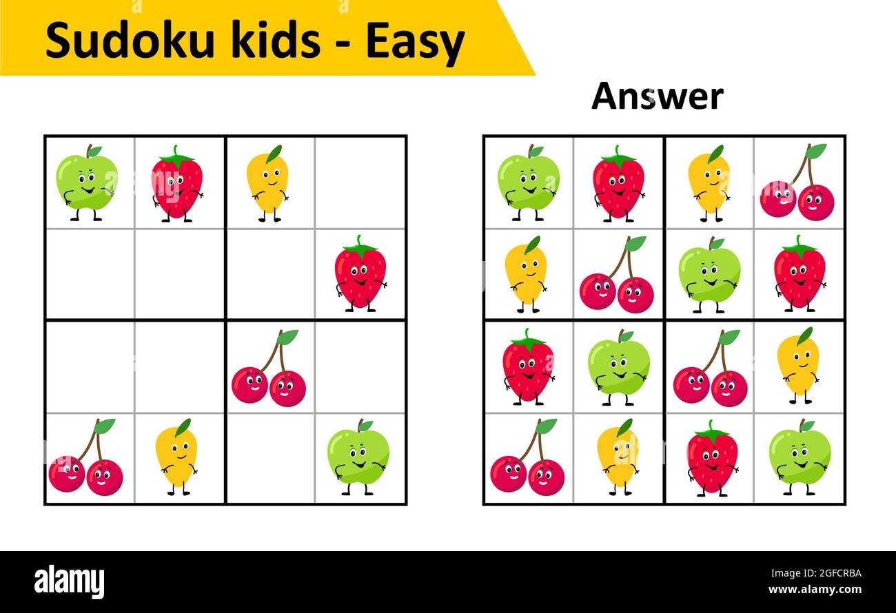 retirada Fabricación Escalera Sudoku juego de niños con respuestas. Lindos personajes de fruta en 4x4.  Juego para niños pequeños Imagen Vector de stock - Alamy