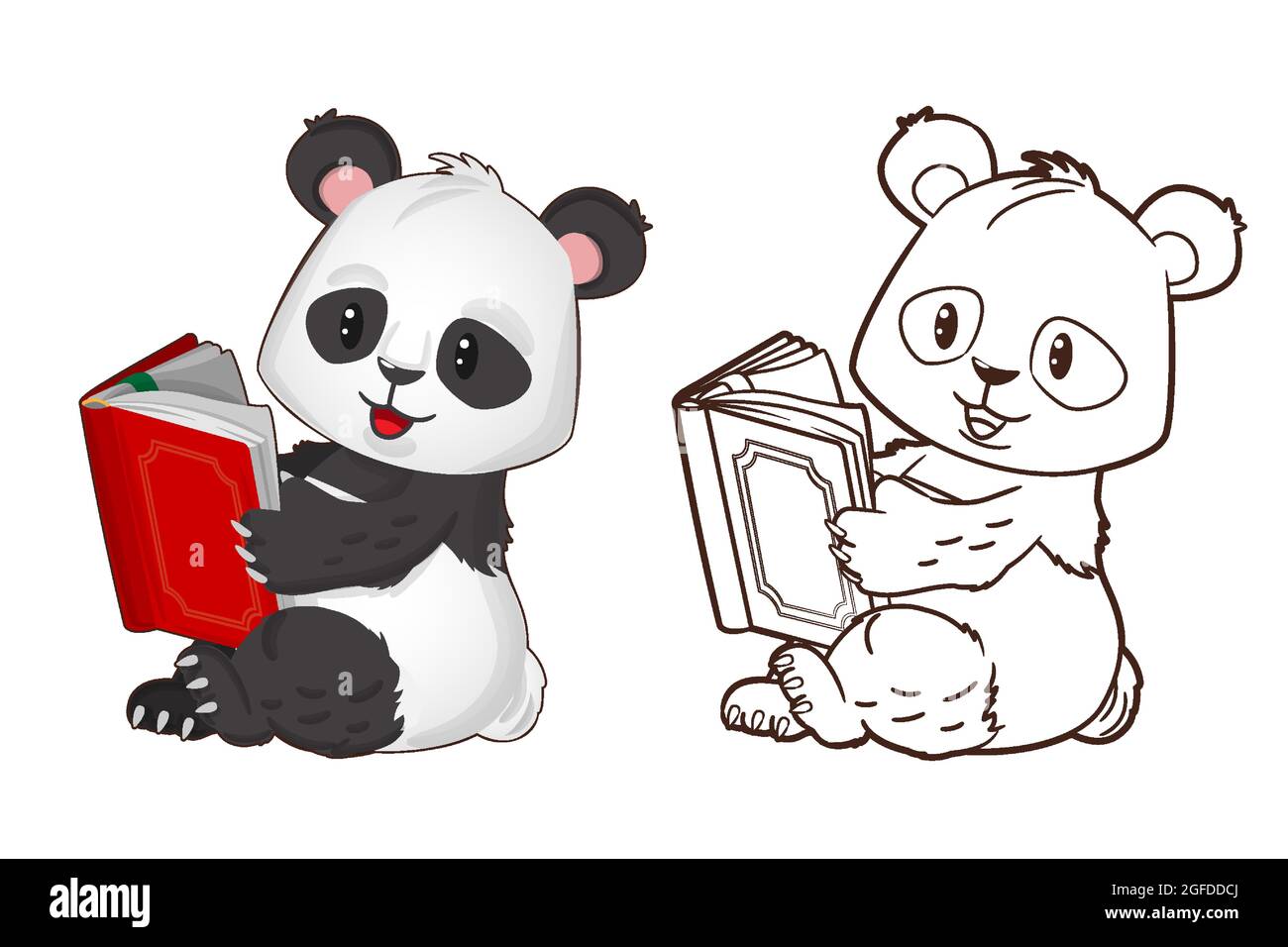 Libro para colorear: Pequeño y divertido panda sosteniendo un libro en sus manos. Ilustración vectorial en estilo de dibujos animados, lineart en blanco y negro Ilustración del Vector