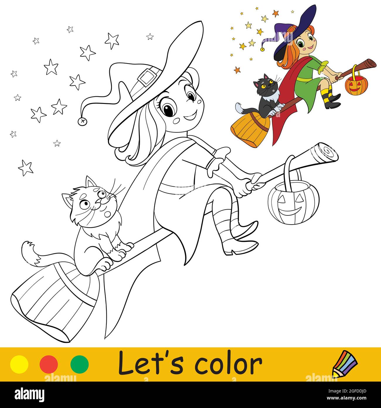 Lindo bruja volando sobre un palo de escoba con gato. Concepto de Halloween. Página de libro para colorear para niños con plantilla de colores. Ilustración de dibujos animados vectoriales Imagen Vector de Lindo bruja volando sobre un palo de escoba con gato. Concepto de Halloween. Página de libro para colorear para niños con plantilla de colores. Ilustración de dibujos animados vectoriales Imagen Vector de