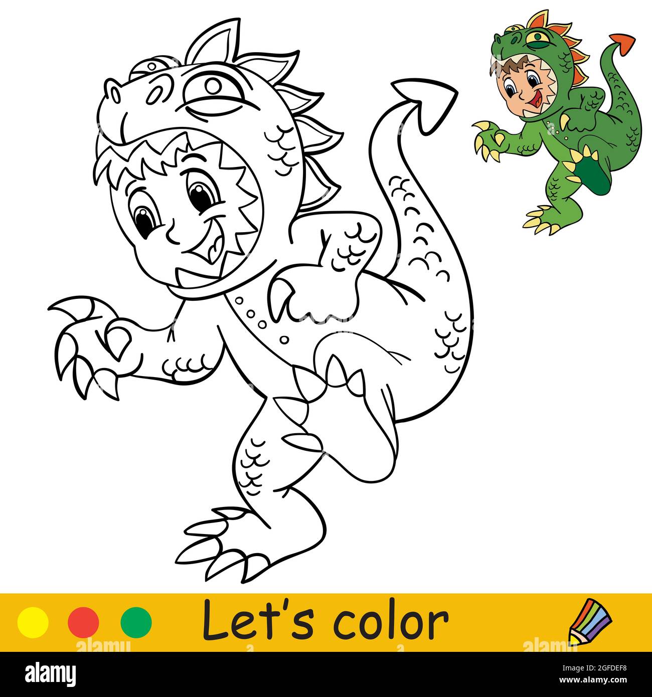 Chico divertido con traje de dinosaurio. Concepto de Halloween. Página de  libro para colorear para niños con plantilla de colores. Ilustración de  dibujos animados vectoriales. Para imprimir, pres Imagen Vector de stock -