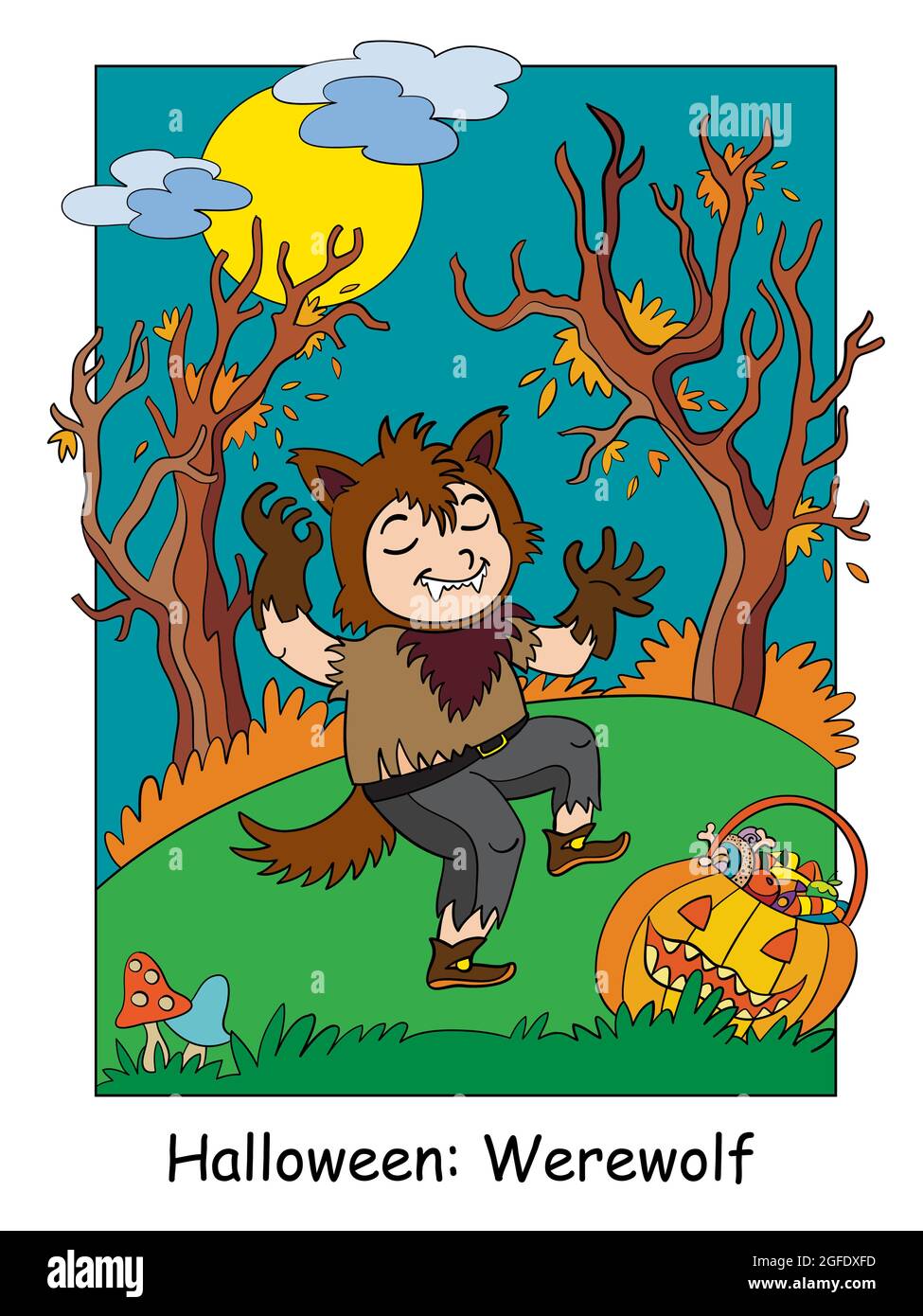 Chico divertido en traje de hombre lobo en bosque de miedo. Concepto de  Halloween. Ilustración de vectores de dibujos animados. Ilustración de  acciones para diseño, educación preescolar, diciembre Imagen Vector de  stock -