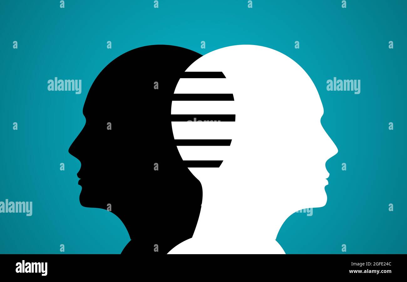 Dos cabezas unidas por las rayas. Negro y blanco Silhouette cabeza