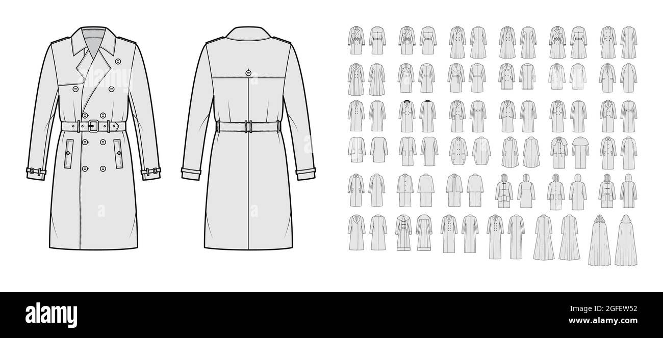 Juego de abrigos, chaquetas, ropa exterior ilustración técnica de moda con  gran tamaño, grueso, cuello de la capucha, mangas largas, bolsillos.  Plantilla de capa plana en la parte delantera, color gris en