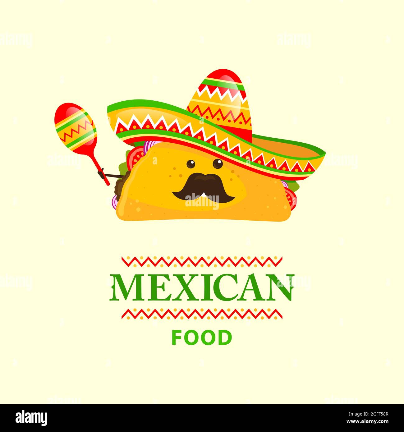 Tacos de dibujos animados con bigote en un sombrero mexicano y maracas en  la mano Imagen Vector de stock - Alamy