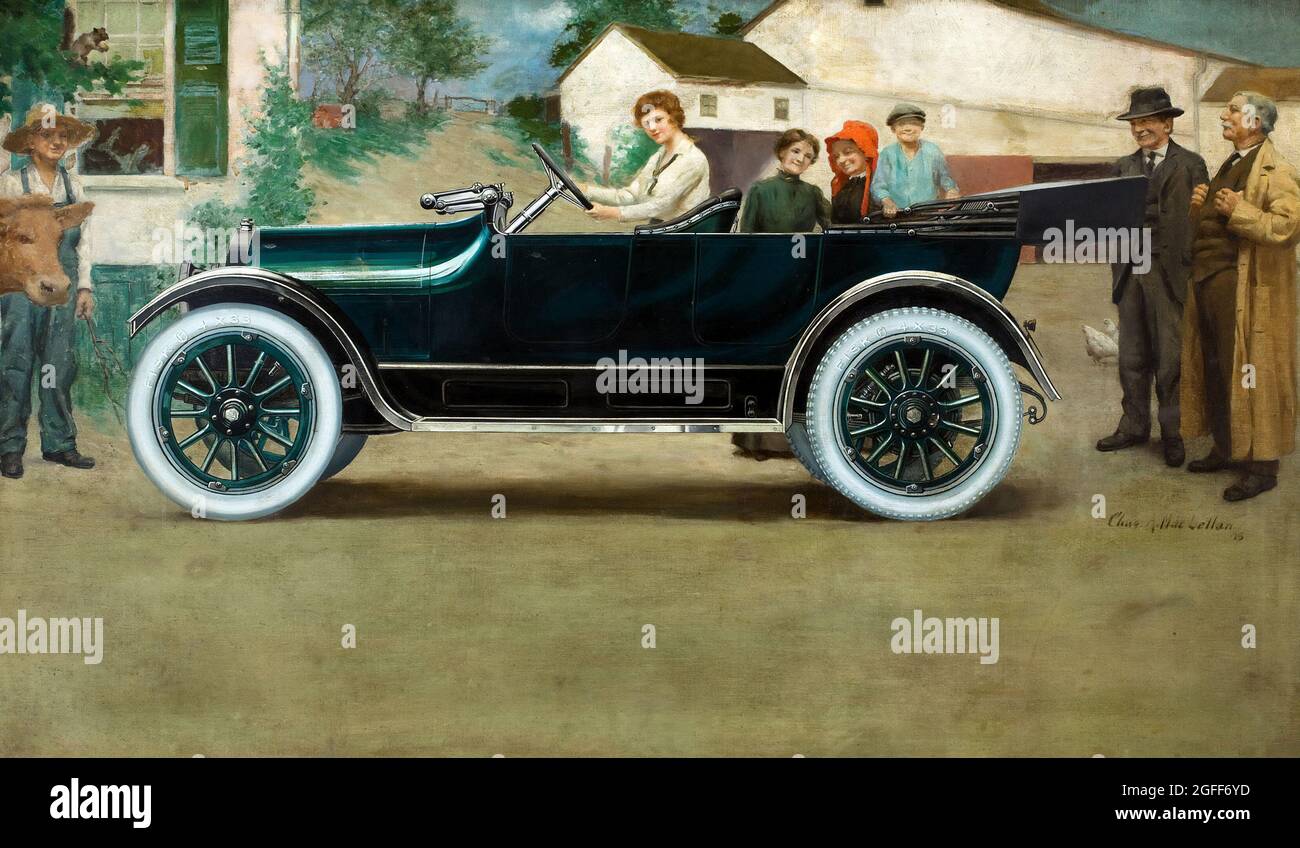 CHARLES ARCHIBALD MACLELLAN (AMERICANO, 1885-1941). Fisk Tire Company, ilustración publicitaria, 1915. Óleo sobre lienzo. Foto de stock