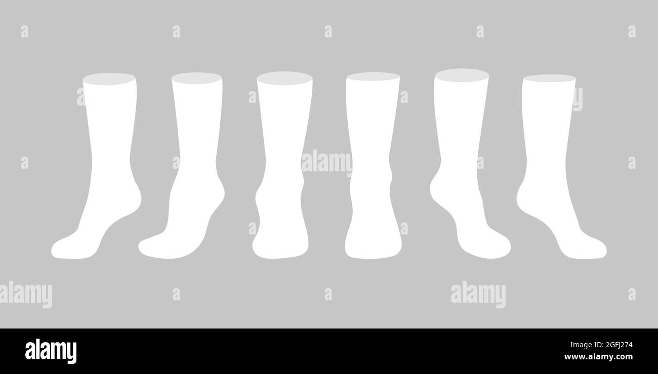 Plantilla de calcetines blancos maqueta diseño de estilo plano ilustración  vectorial conjunto aislado sobre fondo blanco. Calcetines largos negros con  diferentes ángulos de maquetas Imagen Vector de stock - Alamy