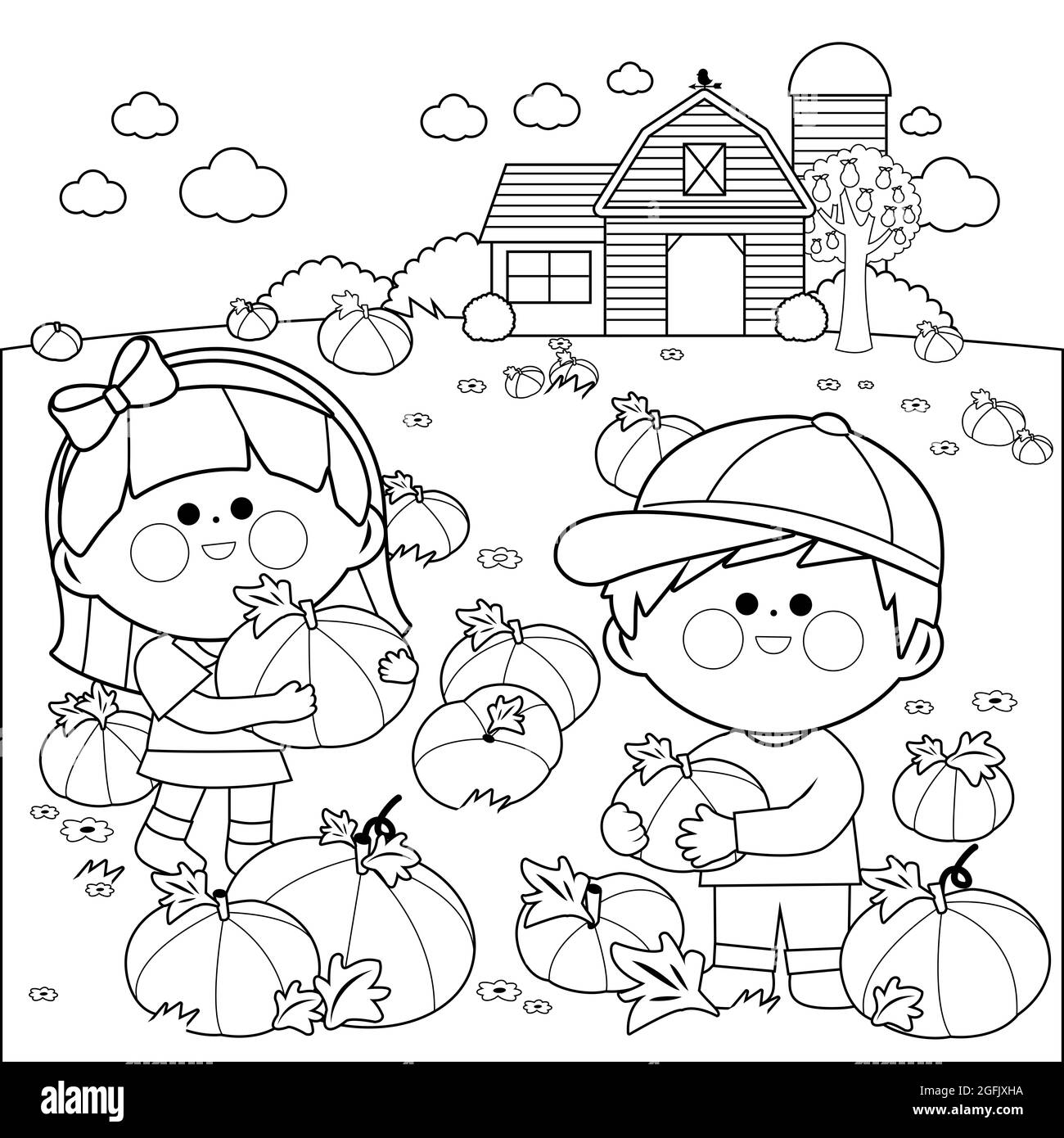 Niños en el campo de calabaza y granja. Página para colorear en blanco y negro Foto de stock