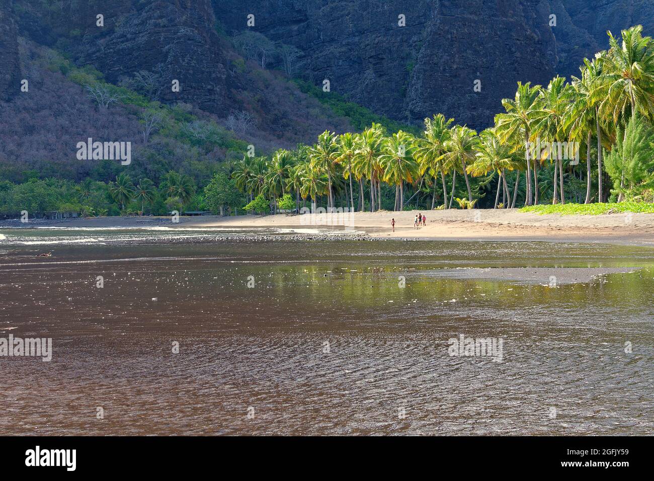 Islas Marquesas, Polinesia Francesa, Nuku Hiva: vista general de la playa y la bahía de Hakaui Foto de stock