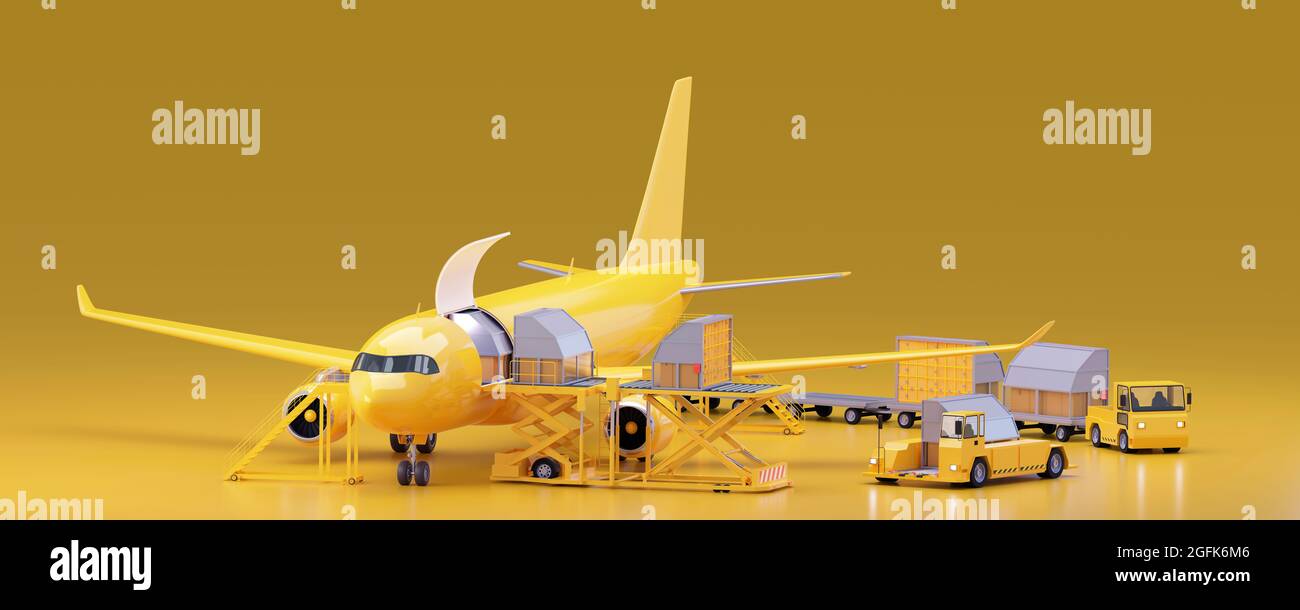 Dispositivos de carga de la unidad de carga en el avión de carga. Contenedores de aeronaves, plataforma de carga, transportistas de carga aeroportuarios. Transporte aéreo Foto de stock