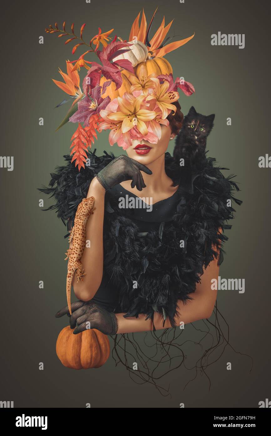 Resumen arte contemporáneo collage halloween retrato de mujer joven con flores Foto de stock