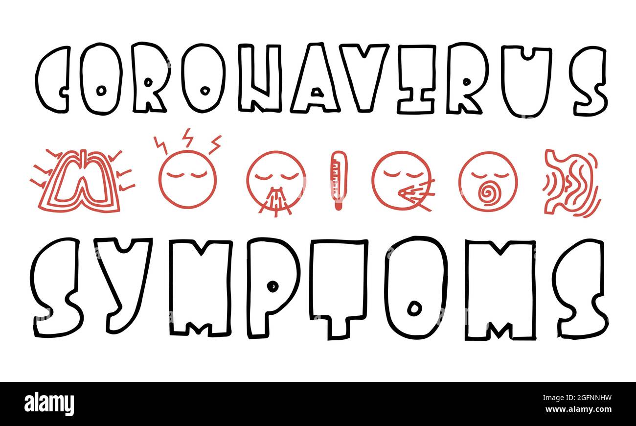 Vector dibujado a mano con iconos sobre síntomas de coronavirus y letras. Ilustración del Vector