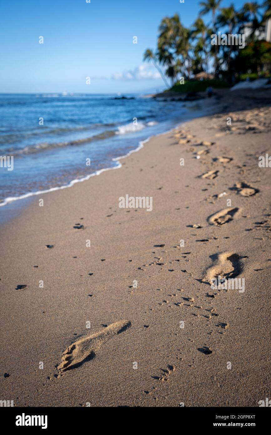 Huellas de solitarios marcan una playa prístina que tenía sus defectos borrados de la marea alta de la noche anterior. Foto de stock