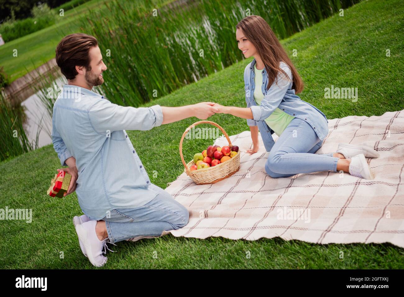 Grande sonriente pareja relajante al aire libre hacer picnic en el hombre  del parque hacer propuesta a la mujer casarse conmigo mantener manos amor  historia Fotografía de stock - Alamy