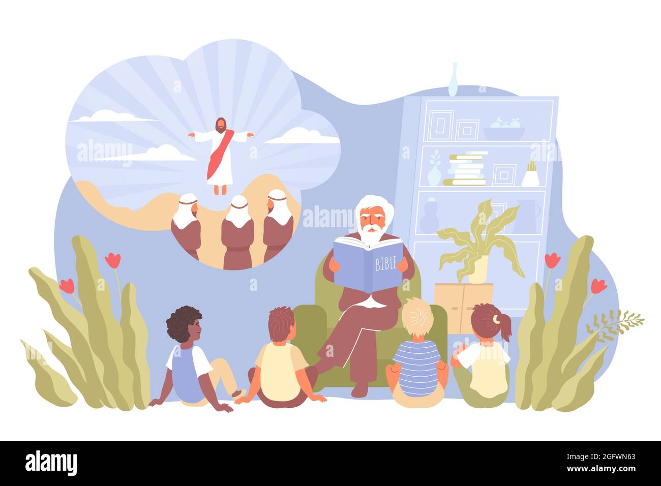 Religión infantil Composición plana con hildren sentarse y escuchar