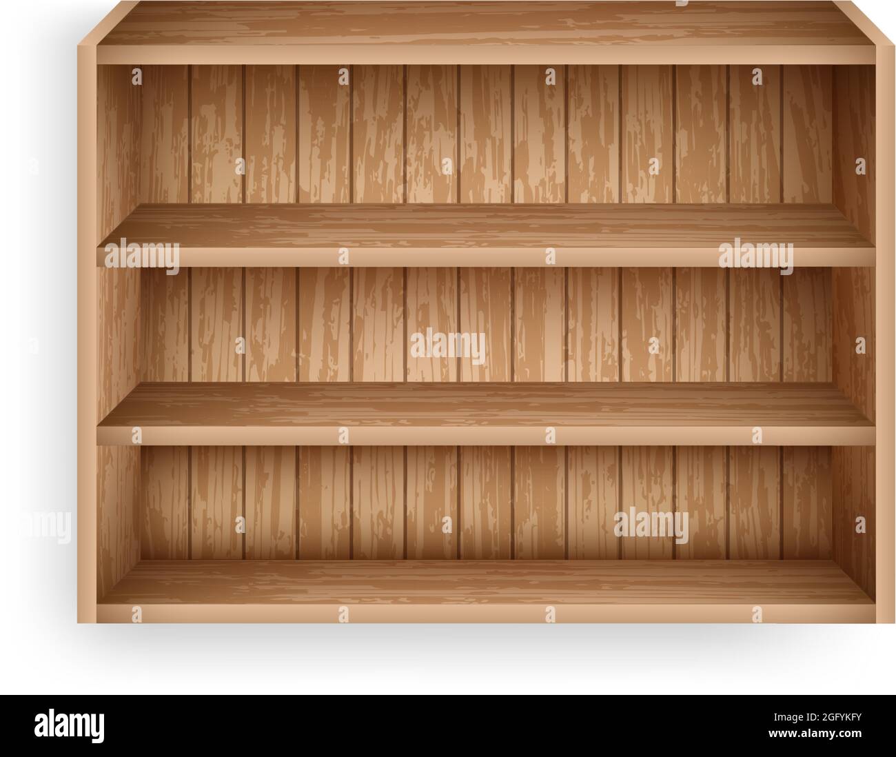 Plantilla de maqueta de estantería en blanco. Estantes de madera realistas  para tienda en línea, biblioteca, diseño de interiores de la escuela.  Estante vacío hecho de tablas de madera Imagen Vector de