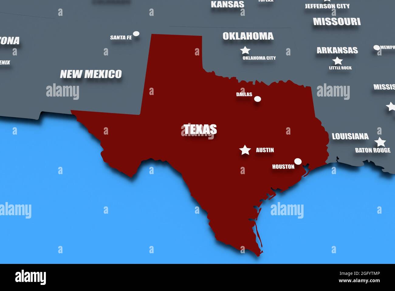 3D Representación de un mapa de Texas con nombres de estados Fotografía de stock Alamy