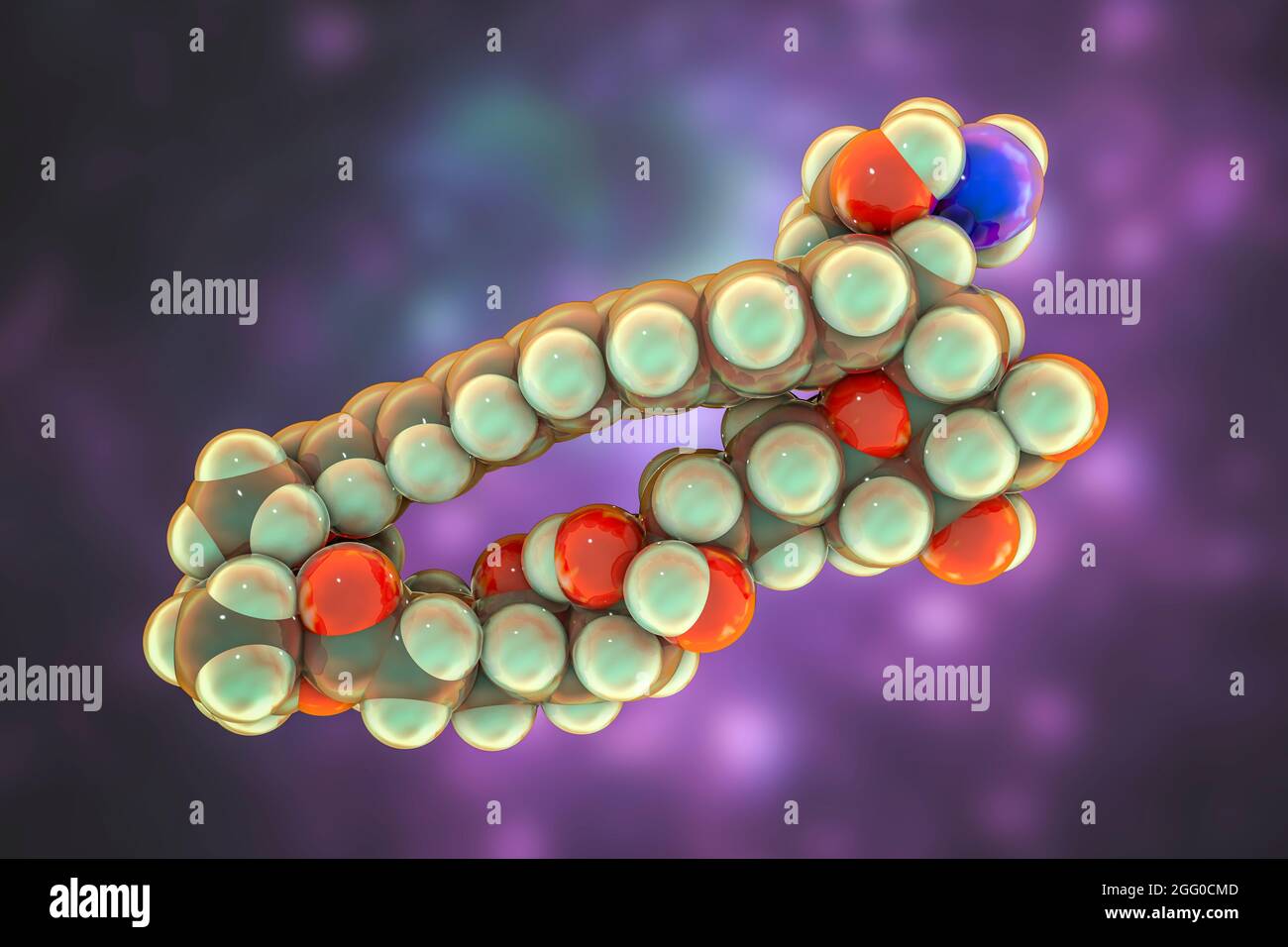 Anfotericina B molécula antifúngica de la droga, ilustración. La fórmula química es C47H73NO17. Los átomos se representan como esferas: Carbono (gris), hidrógeno (amarillo), nitrógeno (azul), oxígeno (rojo). Foto de stock