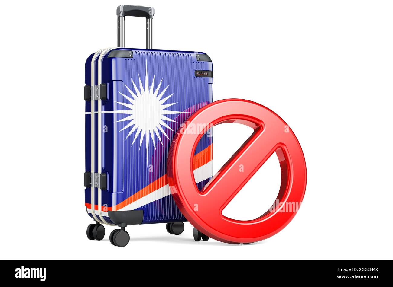 Prohibición de entrada a las Islas Marshall. Maleta con bandera Marshallese  y señal de prohibición. 3D Representación aislada sobre fondo blanco  Fotografía de stock - Alamy