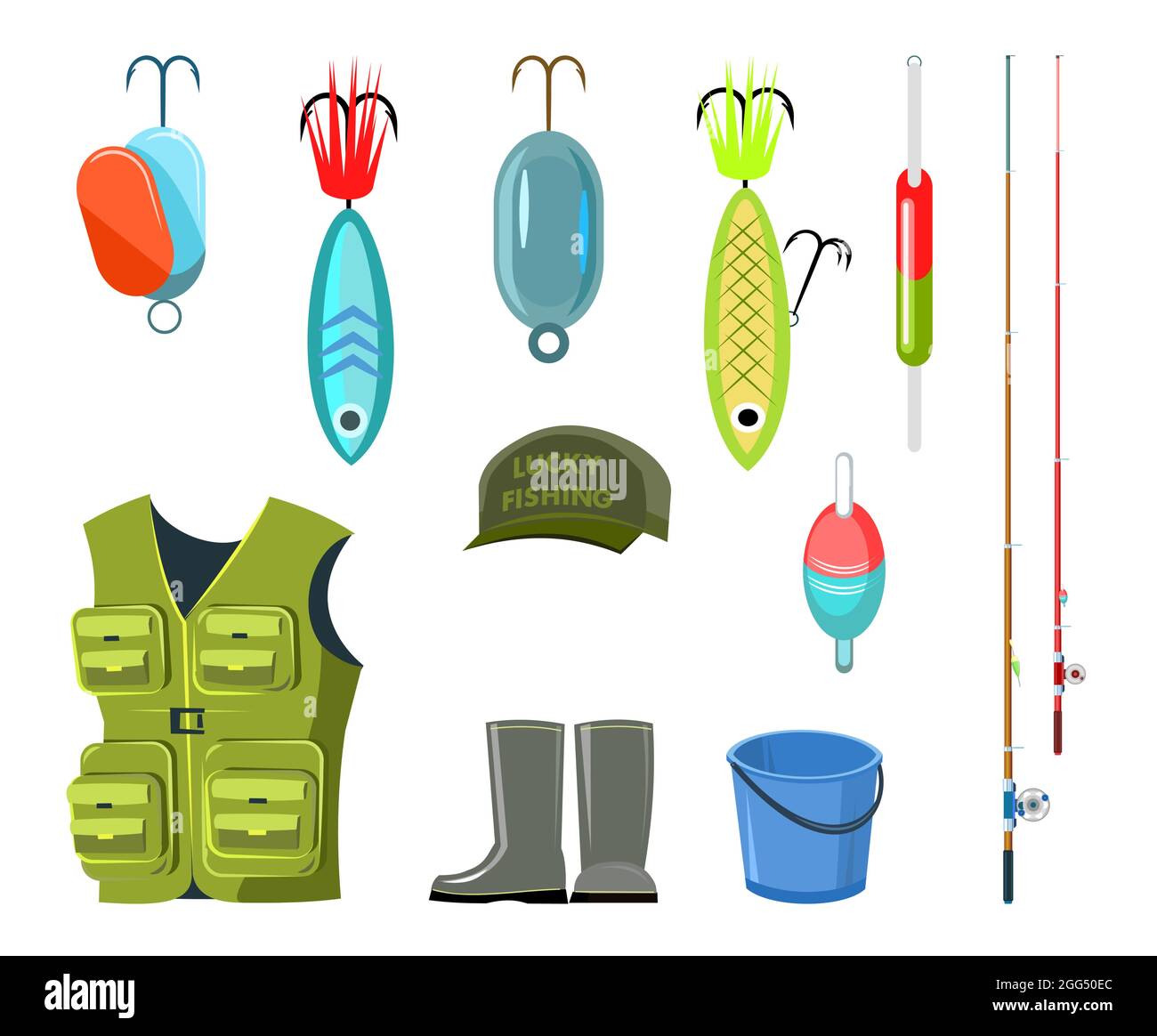 Conjunto de objetos de pesca. Cañas de pescar, flotadores y señuelos con  ganchos. Aislado sobre fondo blanco. Ropa, equipo y zapatos. Vector Imagen  Vector de stock - Alamy