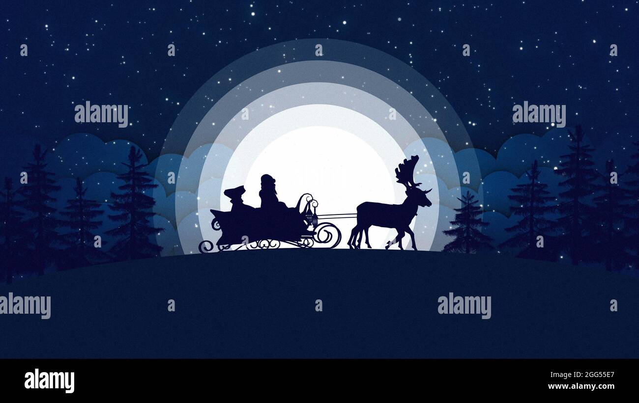 Postal navideña con Papá Noel y renos delante de una gran luna llena - cielo azul de invierno con copos de nieve y bosque de pinos - ilustración de 3D Foto de stock