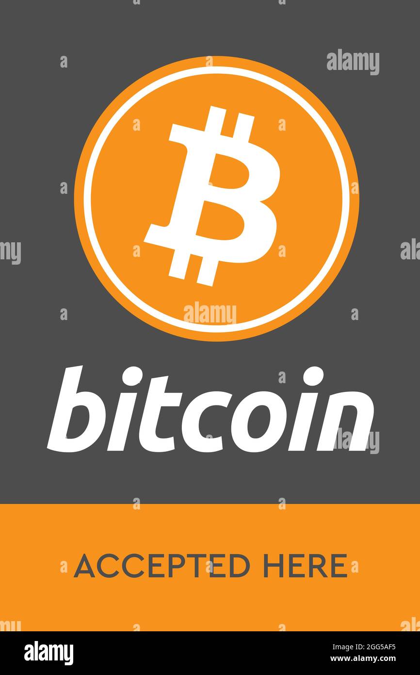 Bitcoin aceptado aquí. Bitcoin BTC Logo Acepta el pago por moneda criptográfica. Criptomoneda virtual. Concepto de dinero digital. Pegatina Foto de stock