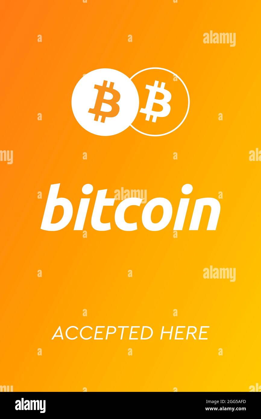 Bitcoin aceptado aquí. Bitcoin BTC Logo Acepta el pago por moneda criptográfica. Criptomoneda virtual. Concepto de dinero digital. Pegatina Foto de stock