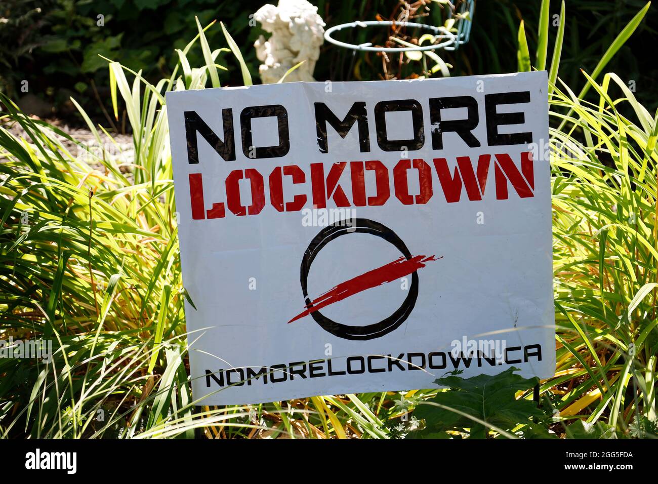 No más Lockdown Sign in A Residential Garden Protestando Restricciones Gubernamentales Debido a Covid 19 Pandemic Control Canada Foto de stock
