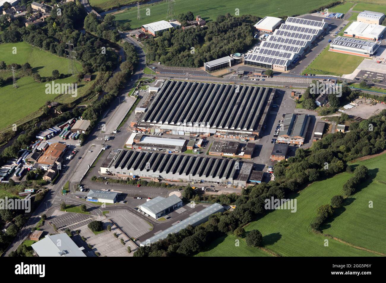 Vista aérea del parque empresarial Time Technology Park y el parque empresarial Simonstone cerca de Burnley, Lancashire Foto de stock