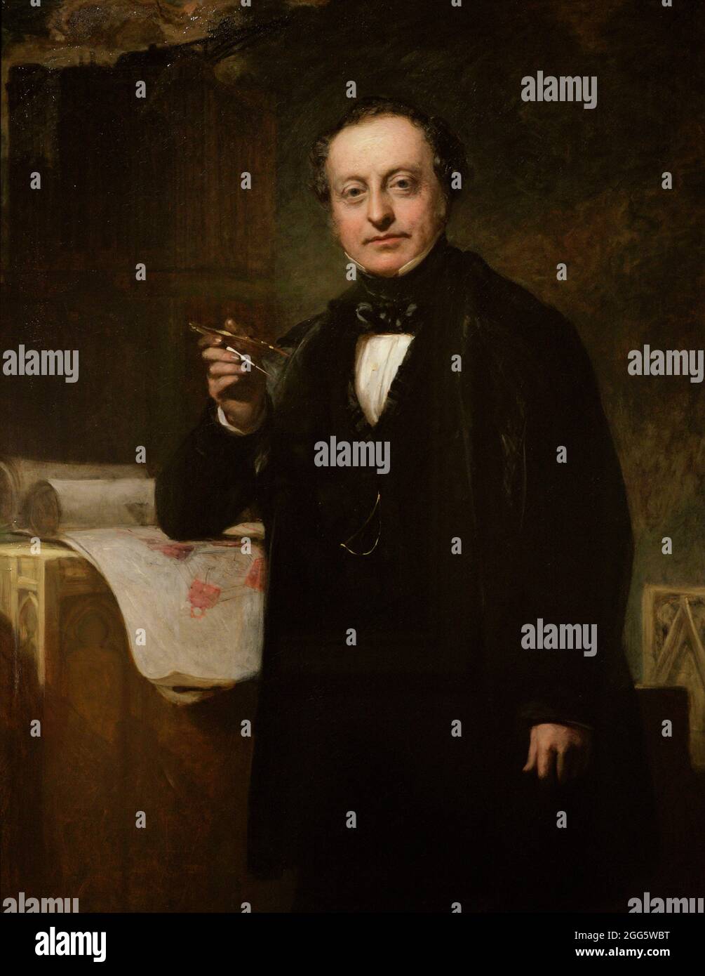 Charles Barry (1795-1860). Arquitecto inglés, famoso por su participación en la reconstrucción del Palacio de Westminster. Retrato mostrando a Barry con un par de compases en su mano, junto con los planos arquitectónicos para las nuevas Casas del Parlamento, en construcción, en el fondo. Por John Prescott Knight (1803-1881), ca.1851. Galería Nacional de Retratos. Londres, Inglaterra, Reino Unido. Foto de stock