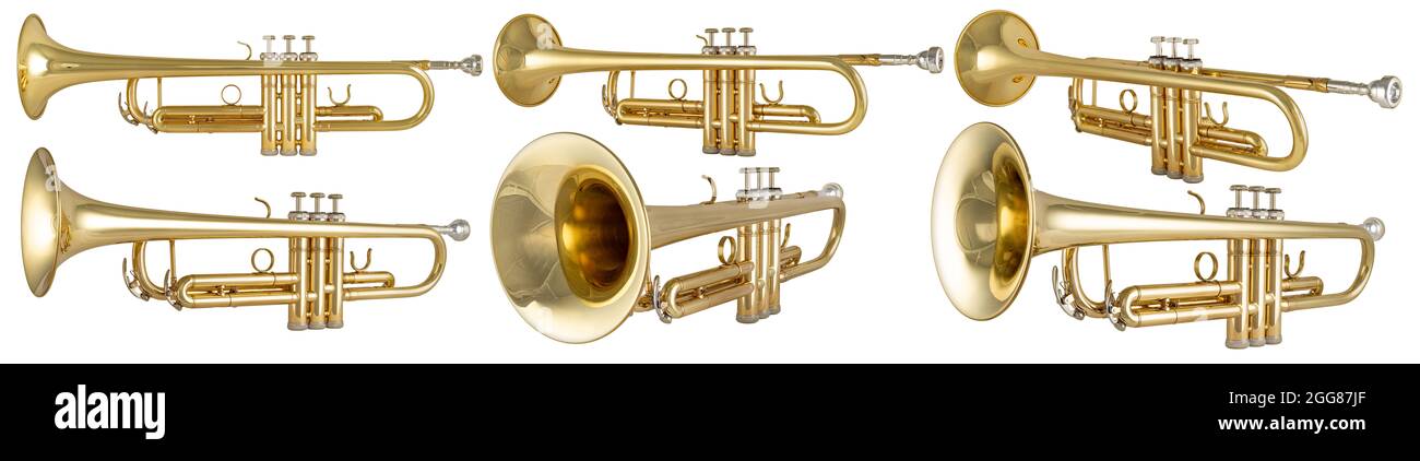 colección de instrumentos de música trompeta de latón metálico dorado y brillante aislados sobre fondo blanco. concepto de banda de entretenimiento musical. Foto de stock