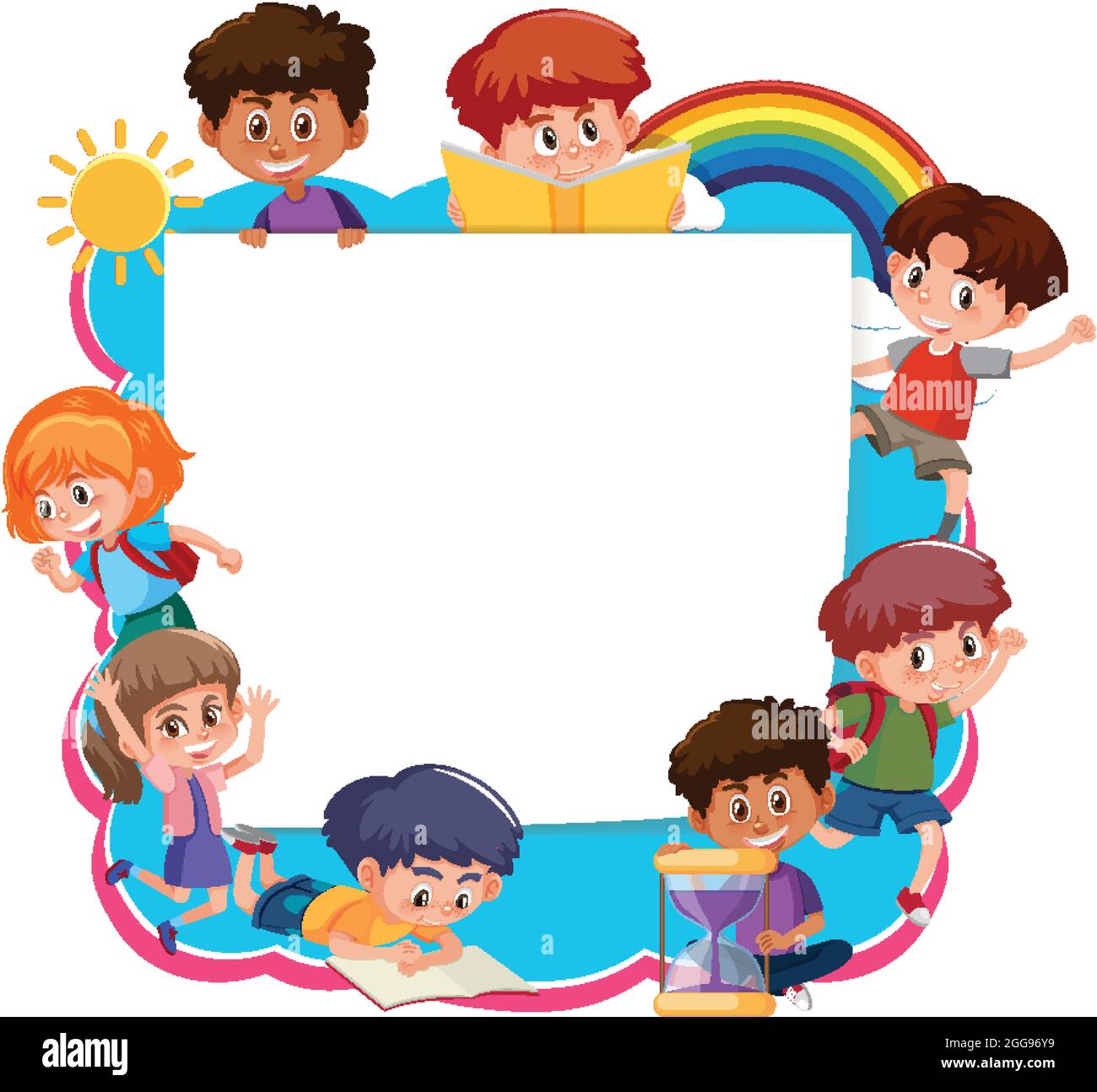 Plantilla de marco con ilustración de caricatura de los niños de la escuela  Imagen Vector de stock - Alamy