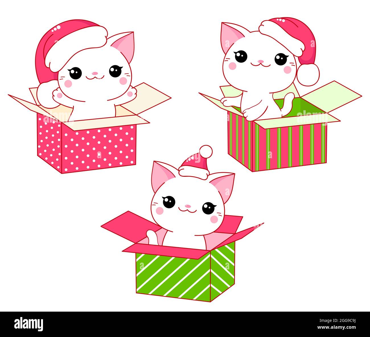 Juego de gato kawaii en caja de regalo. Feliz colección de Navidad. Lindos  gatos en los sombreros de Santa. Ilustración vectorial EPS8 Imagen Vector  de stock - Alamy