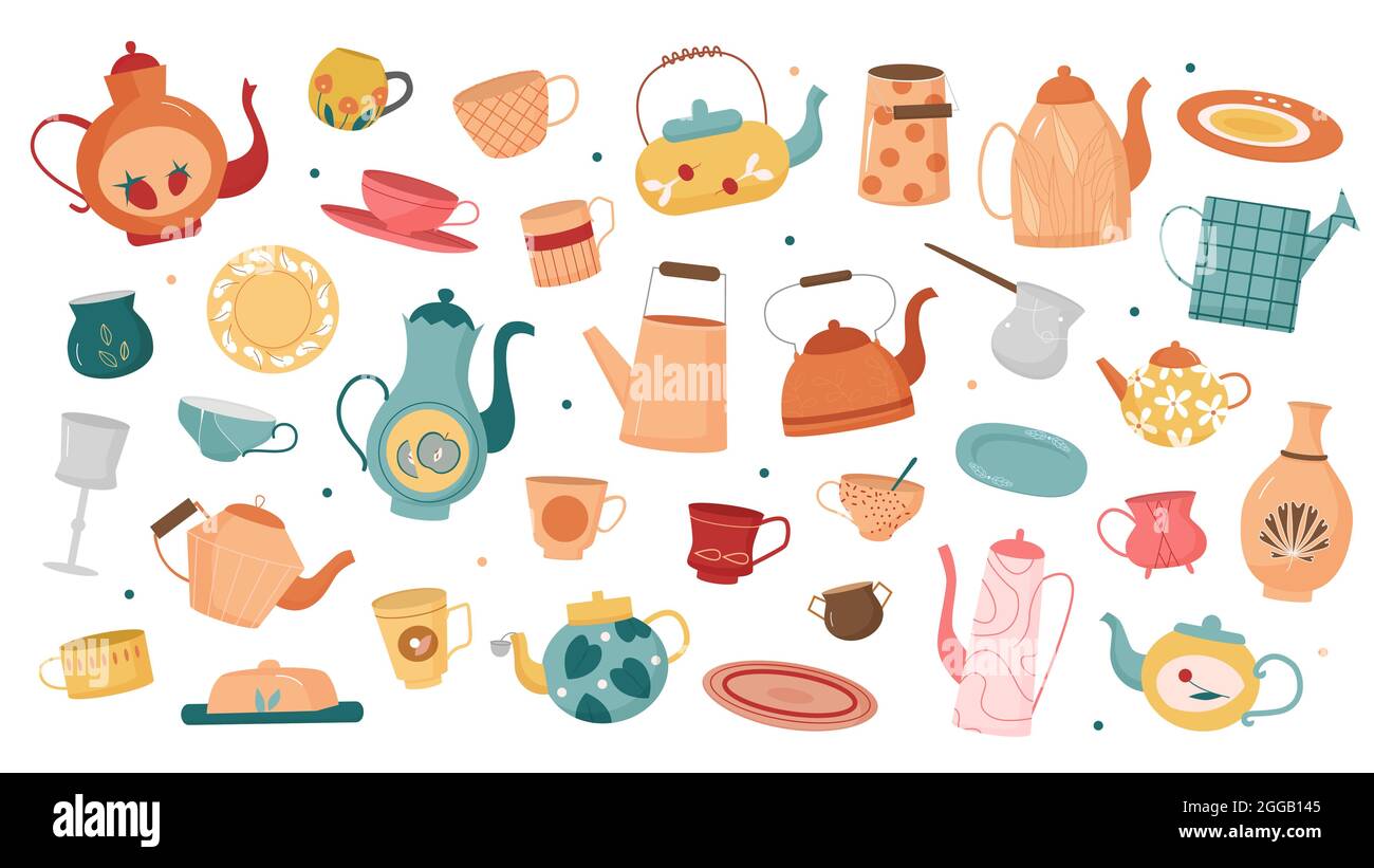 Vajilla vintage, hogar retro cubertería para cocinar ilustración vectorial. Taza de té de dibujos animados, olla y plato con patrones antiguos, utensilio de cerámica, vajilla vieja objetos aislados sobre blanco Imagen Vector Vajilla vintage, hogar retro cubertería para cocinar ilustración vectorial. Taza de té de dibujos animados, olla y plato con patrones antiguos, utensilio de cerámica, vajilla vieja objetos aislados sobre blanco Imagen Vector