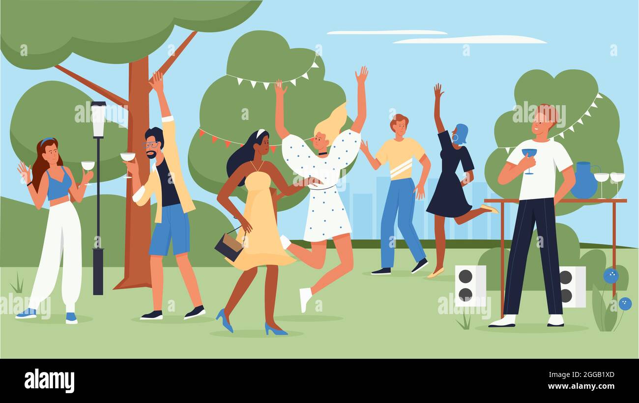 La gente feliz baila a la música en la divertida ilustración vectorial de la fiesta. Dibujos animados de jóvenes personajes de mujeres bailando y bebiendo bebidas, bailarines celebrar el evento con alegría La gente feliz baila a la música en la divertida ilustración vectorial de la fiesta. Dibujos animados de jóvenes personajes de mujeres bailando y bebiendo bebidas, bailarines celebrar el evento con alegría
