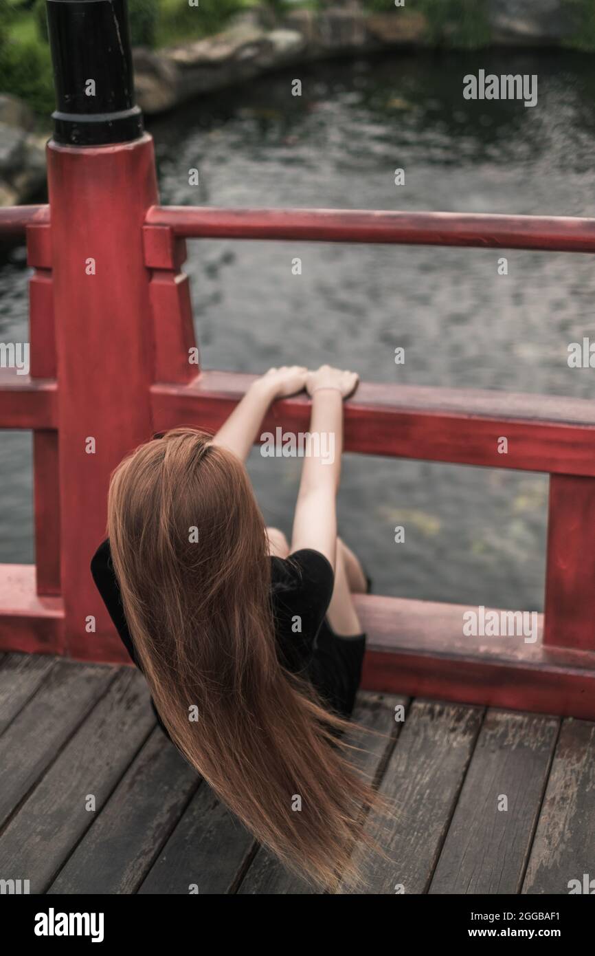 Vista de la parte trasera foto de una mujer joven con un vestido negro informal sentado en el parque en el puente con pasamanos. Largo hermoso cabello Foto de stock