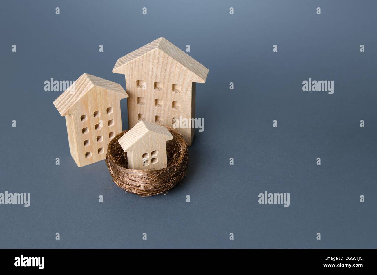 Casas grandes y pequeña casa en el nido de aves. Metáfora de la crianza.  Invertir en bienes raíces. Industria de la construcción, desarrollo.  Proyecto de diseño. Agente inmobiliario Fotografía de stock -