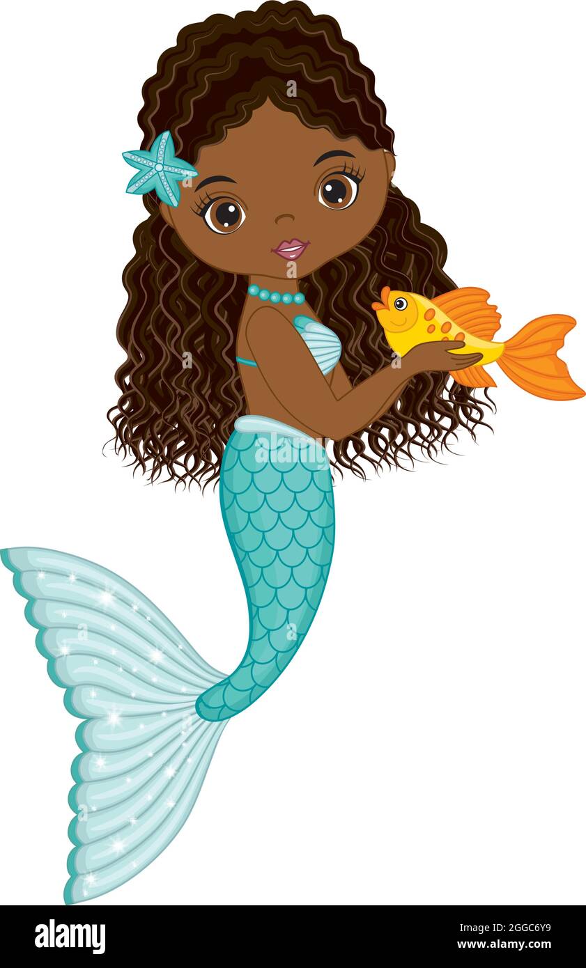 Hermosa sirena afroamericana con cola de pescado turquesa con pescado  dorado. Mermaid Vector Negro Imagen Vector de stock - Alamy
