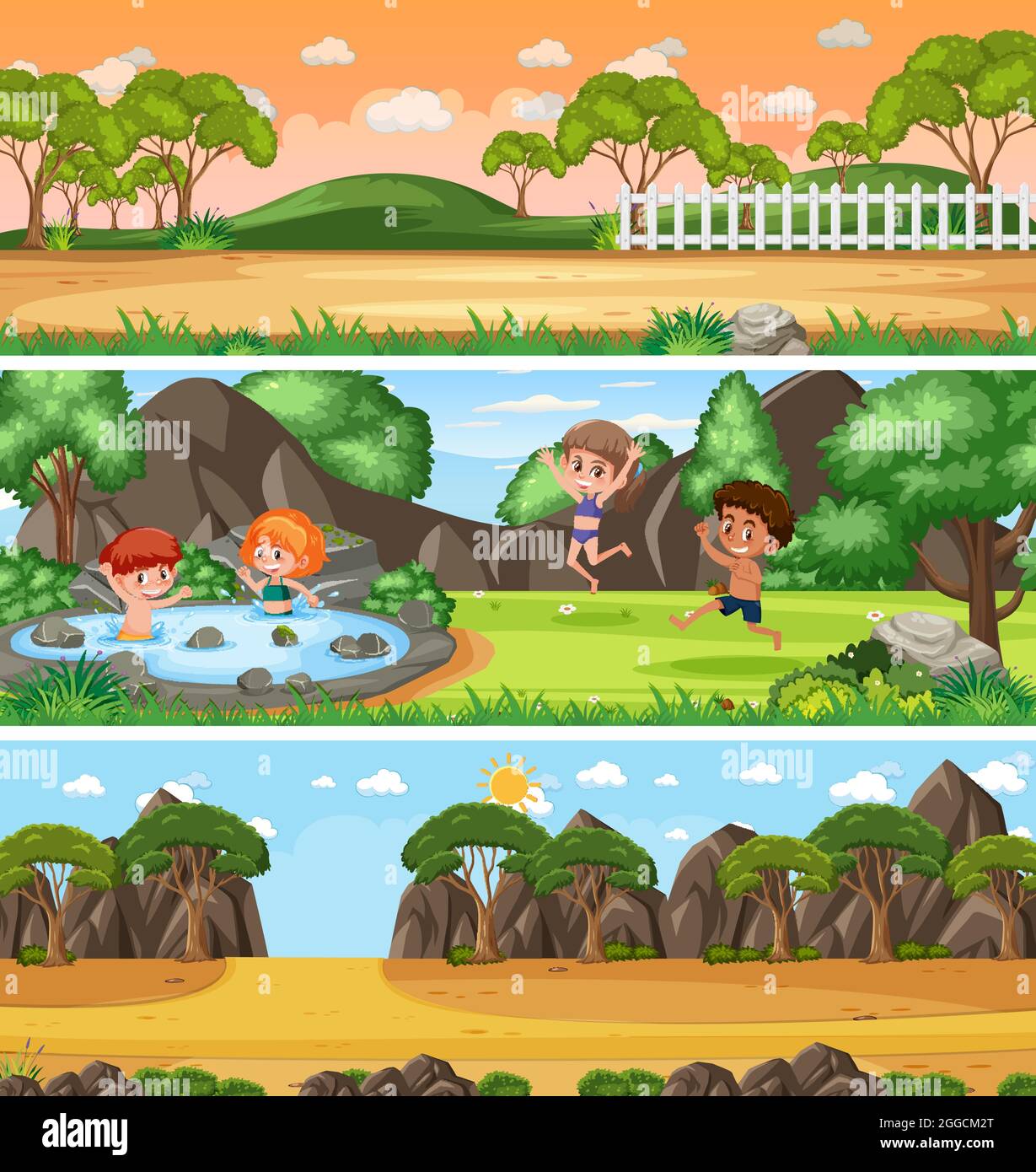 Paisaje natural panorámico diferente con ilustración de personajes de dibujos animados Imagen Vector de stock - Alamy Paisaje natural panorámico diferente con ilustración de personajes de dibujos animados Imagen Vector de stock - Alamy
