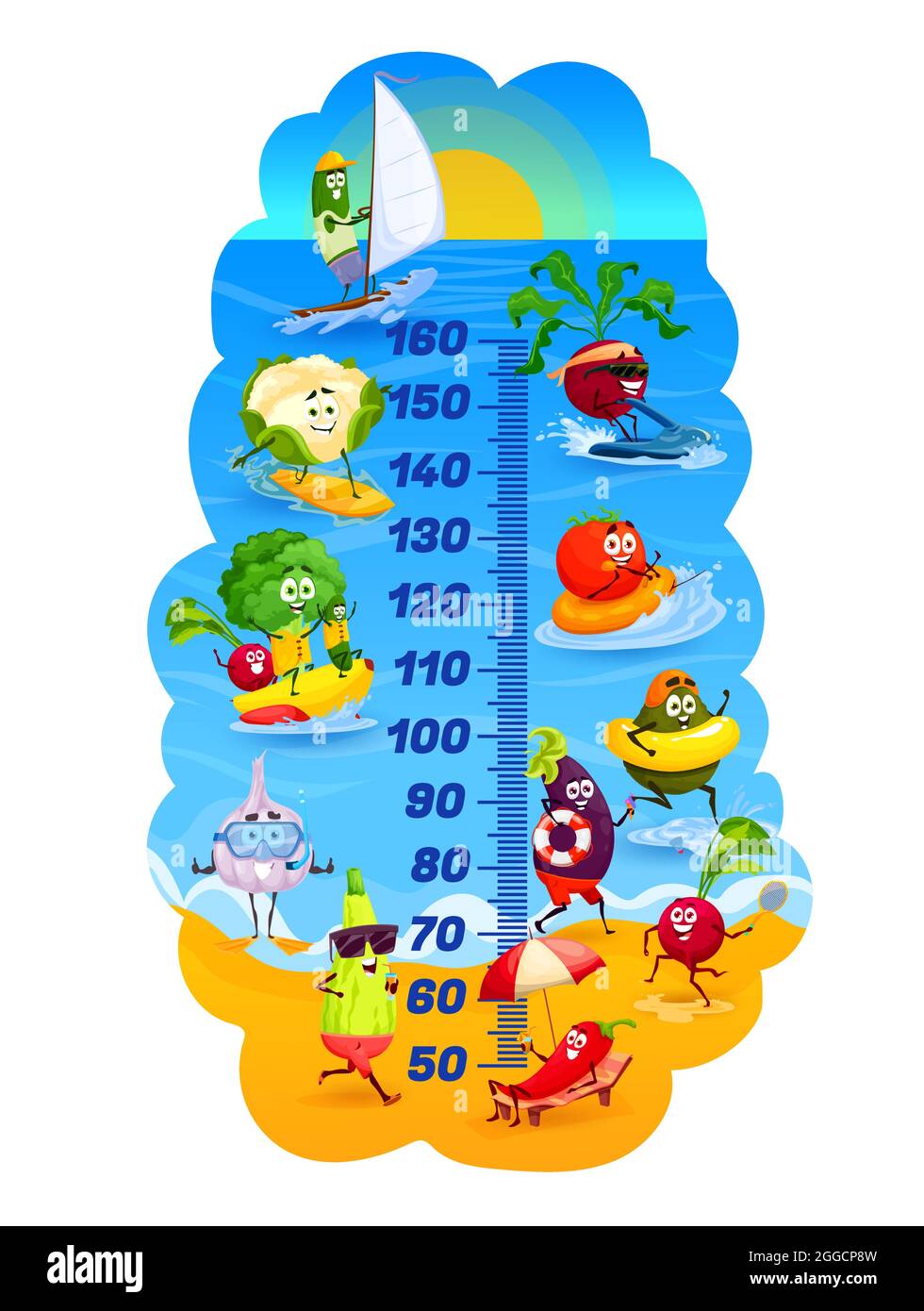 Tabla de altura para niños, verduras en vacaciones, medidor de crecimiento  de dibujos animados vectoriales. Niños tabla de altura o escala de medida  con verduras en verano playa de mar, divertido Imagen