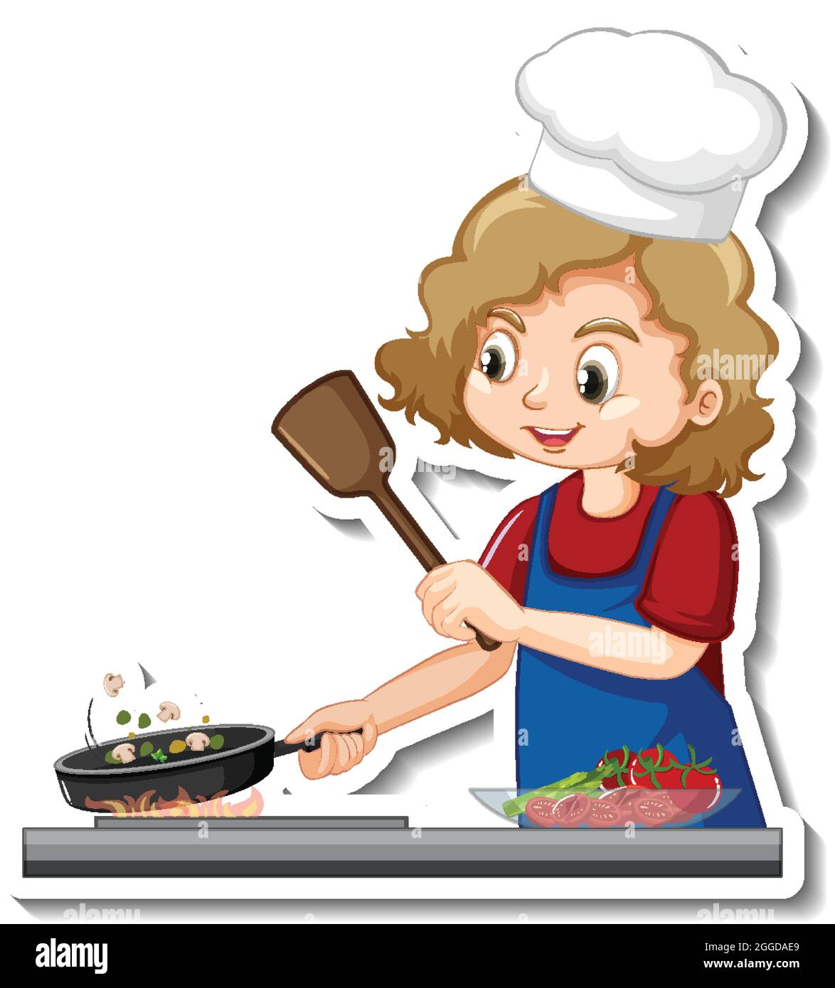 Diseño de la pegatina con la niña chef cocinando la comida dibujos animados carácter ilustración Imagen Vector de stock - Alamy Diseño de la pegatina con la niña chef cocinando la comida dibujos animados carácter ilustración Imagen Vector de stock - Alamy