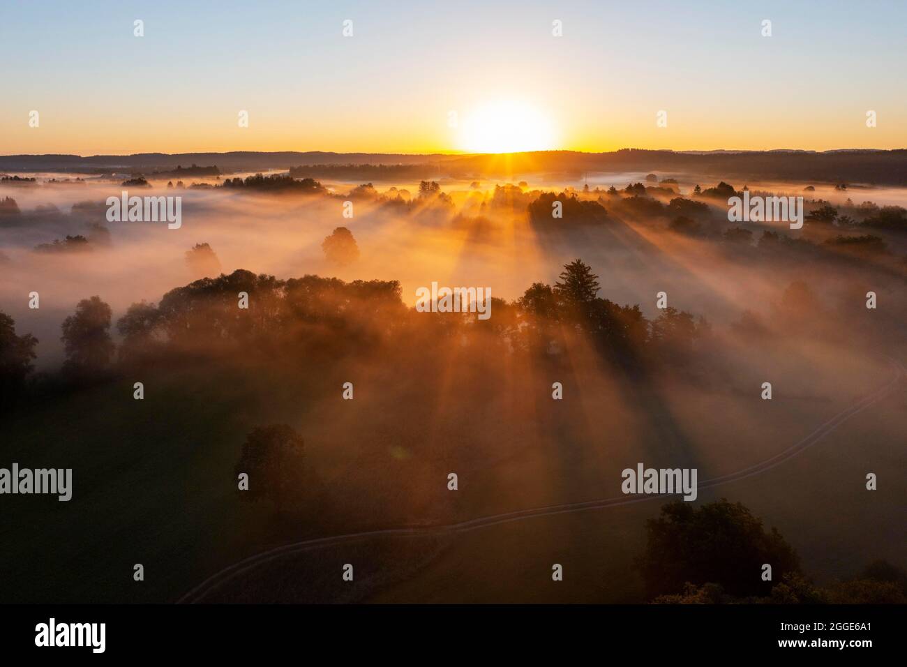 Amanecer con niebla sobre paisaje cultivado, cerca de Geretsried, tiro con drone, estribaciones alpinas, Alta Baviera, Baviera, Alemania Foto de stock