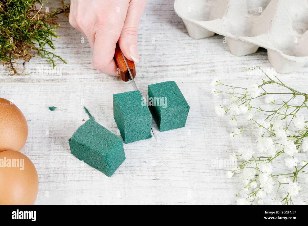 Floristería en el trabajo: Cómo hacer un arreglo floral simple de pascua con una caja de huevo de papel común, flores de primula, ramitas de yeso paniculata y musgo. Paso Fotografía de Floristería en el trabajo: Cómo hacer un arreglo floral simple de pascua con una caja de huevo de papel común, flores de primula, ramitas de yeso paniculata y musgo. Paso Fotografía de