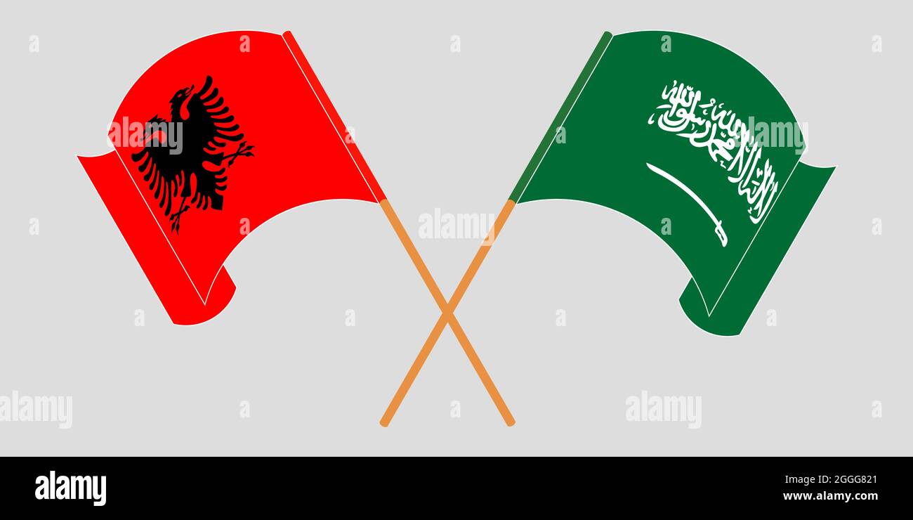 Cruzó y agitó banderas de Albania y del Reino de Arabia Saudita Ilustración del Vector
