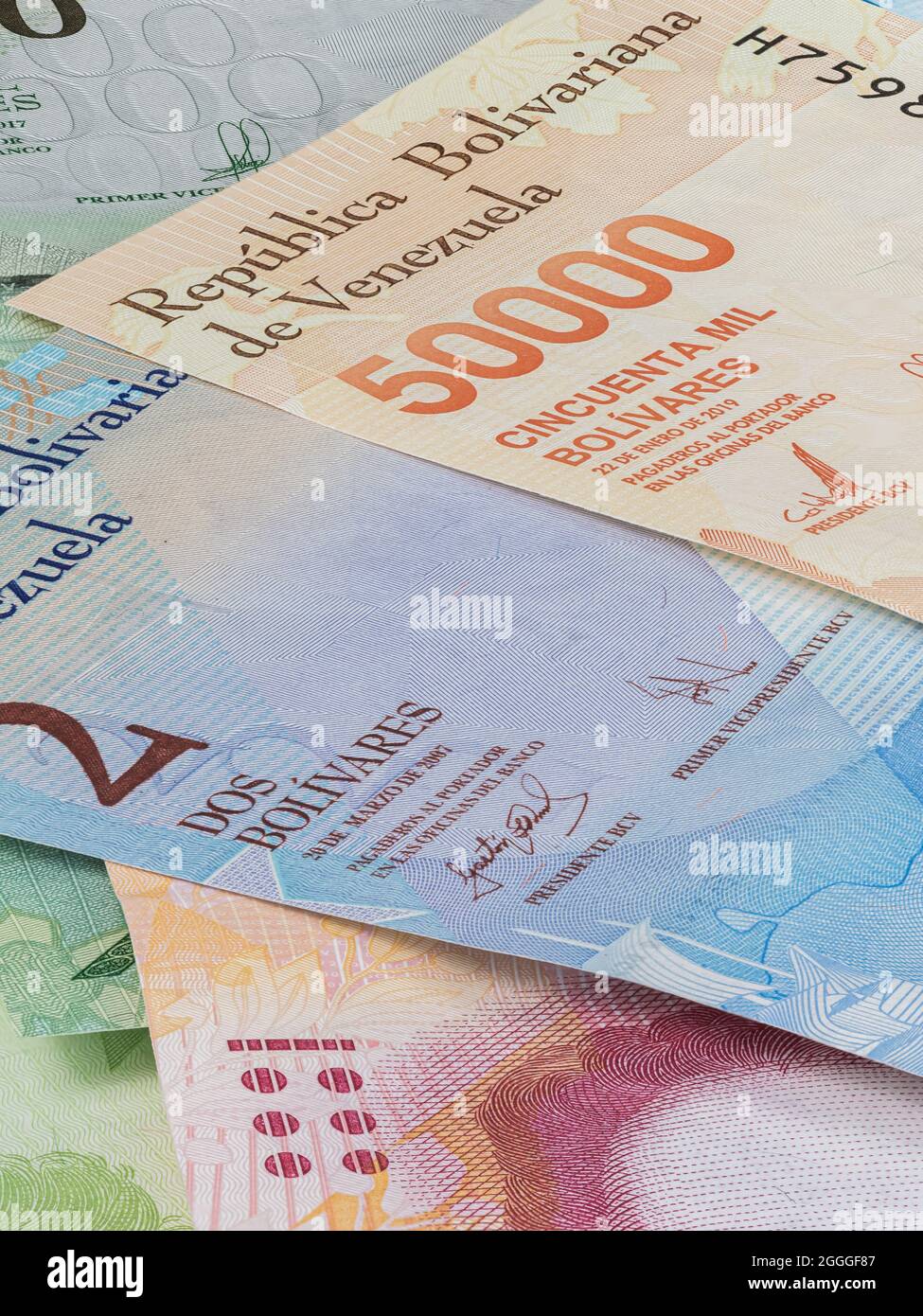 Cerca de la moneda del país sudamericano Venezuela. La alta inflación y la débil economía aumentan la denominación de los billetes. Bolívar Foto de stock