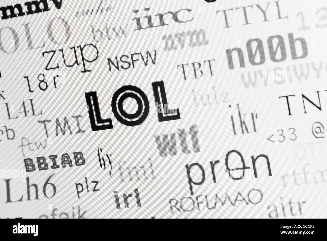 LOL y otros acrónimos de Internet comúnmente utilizados en la pantalla (idioma de Internet, idioma de texto, acrónimo de texto) - EE.UU Foto de stock