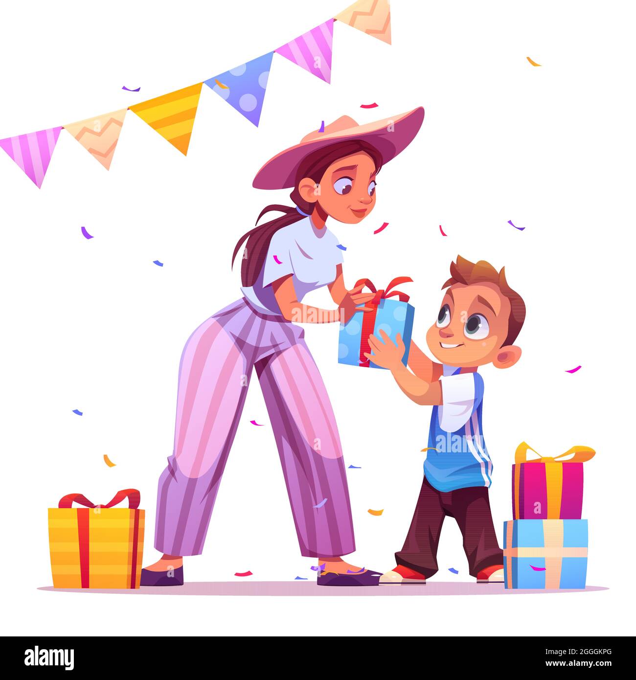 Niño Feliz Con Regalos De Vacaciones En Una Guardería Ilustración del  Vector - Ilustración de magia, cabritos: 202182582