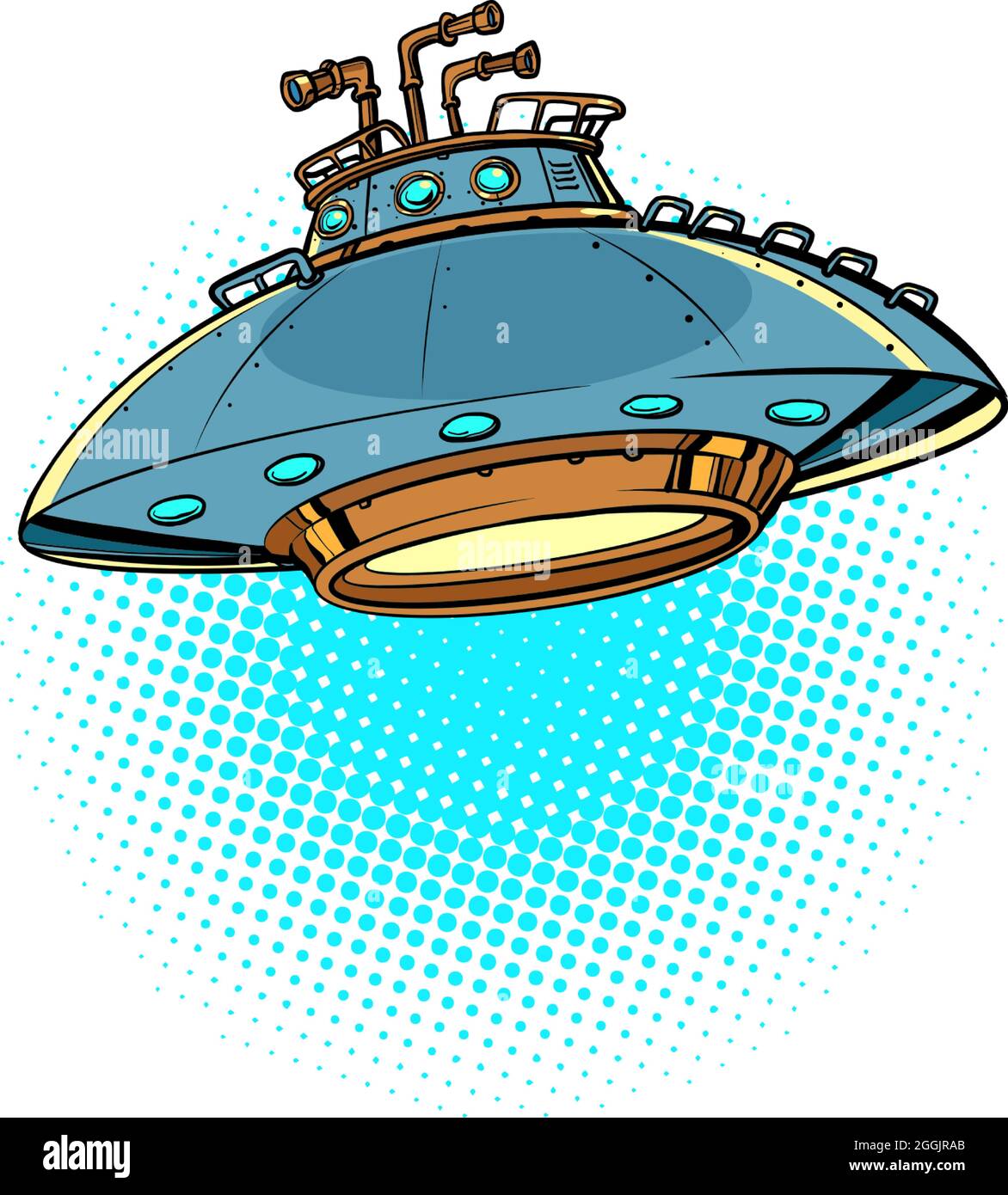 Platillo volador OVNI aislado en un fondo neutral. Nave espacial extraterrestre Ilustración del Vector