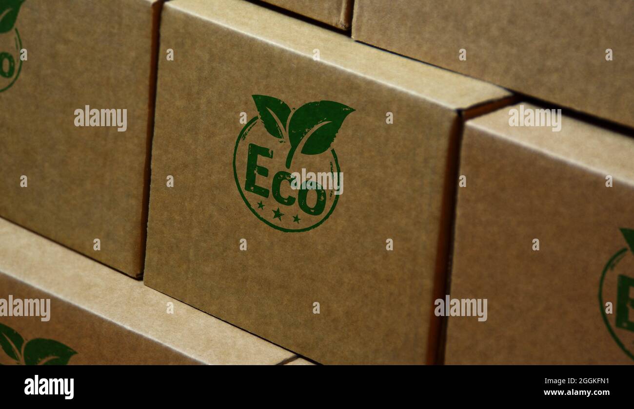 Sello ecológico impreso en caja de cartón. Concepto de ecología, medio ambiente y clima. Foto de stock