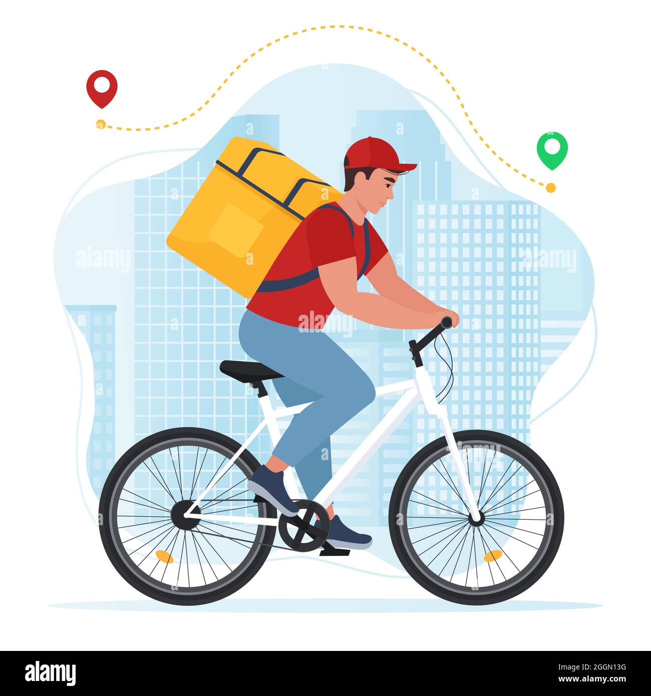 Servicio de mensajería de bicicletas, entrega rápida. Servicio de mensajería  en bicicleta con caja de paquetes. Ilustración vectorial en estilo plano  Imagen Vector de stock - Alamy